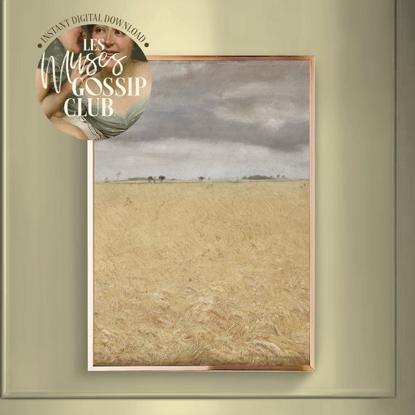 Summer Rye Field Oil Painting, Grey Cloudy Stormy Rural Printable, Subtle Landscape Digital Art, Minimalist Wedding Wall Decor, Crop Poster