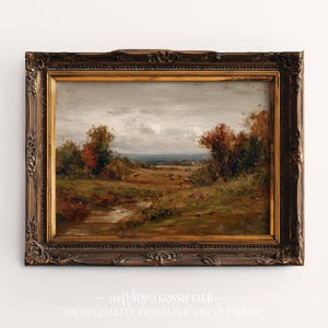 Peut inclure: Peinture de paysage antique dans un cadre orné foncé. L'œuvre représente une scène pastorale avec un ruisseau, des arbres et un ciel nuageux. La palette de couleurs comprend des verts, des bruns et des bleus sourds. Le cadre est marron foncé avec des accents dorés.