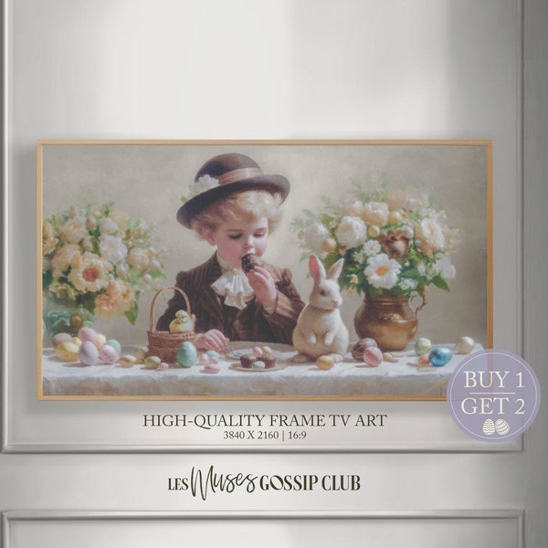 Easter Frame TV Art, Little Boy Eating Chocolate With Bunny Scenery Oil Painting, Spring Digital Wall Art, White Kids Instant Art, HomeDecor