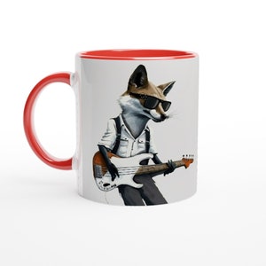 Fox Playing Bass Guitar White 11oz Ceramic Mug with Color Inside