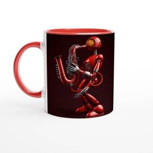 Robot Playing Saxophone White 11oz Ceramic Mug with Color Inside