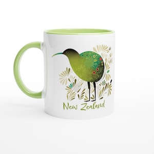 Kiwi abstracto: la icónica taza de cerámica Bird White de 11 oz de Nueva Zelanda con color en el interior