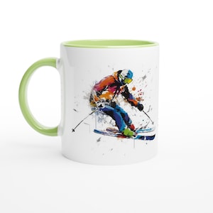 Hit the Slopes with Style: White 11oz Ceramic Mug with Skier Print and Color Inside