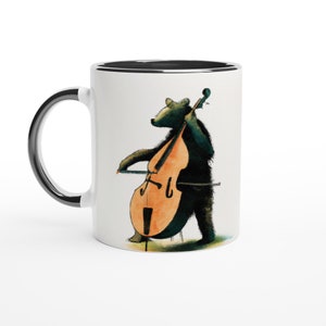 Bär spielt den Kontrabass weiß 11oz Keramiktasse mit Farbe innen. Perfektes Geburtstagsgeschenk für Deine Musiker freunde