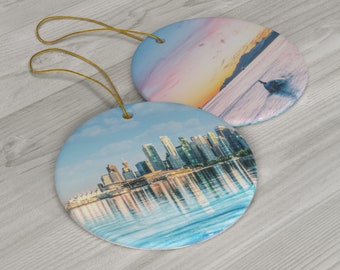 Vancouver Double-Sided Porcelain Ornament with Cityscape & Twilight Art