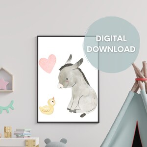 Art Print | Nursery & Kid&#39;s Playroom | Farm/Animals/Donkey | Watercolor-Style | *Digital Download*