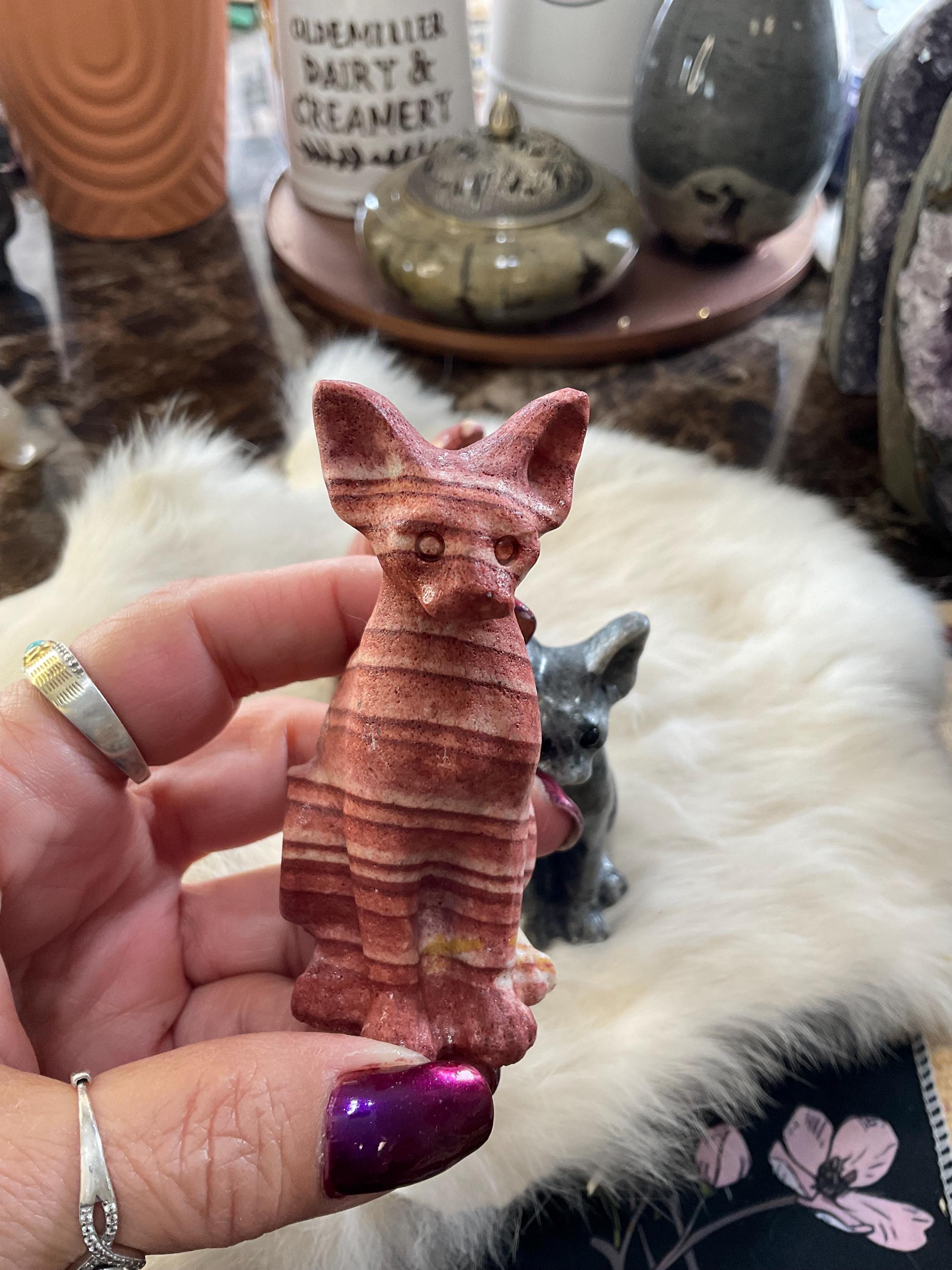 Gemstone Egyptian Cat Carving: Yooperlite & Red Jasper Sphinx
