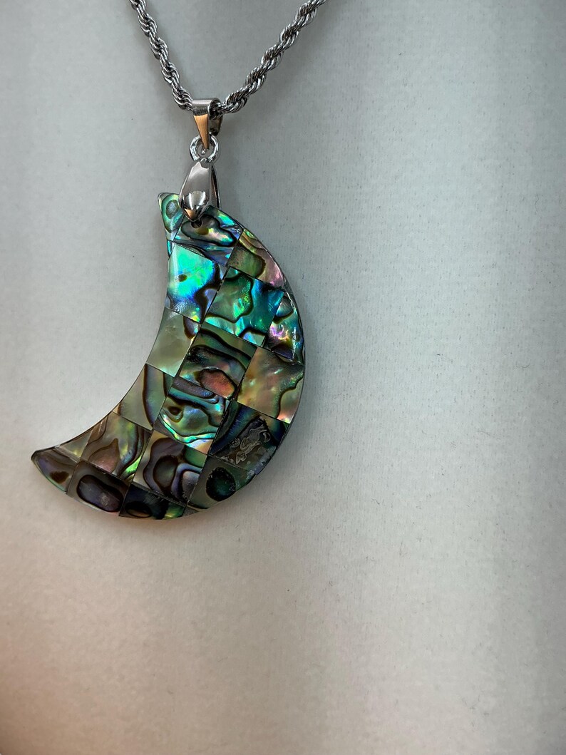 Crescent Moon Abalone Shell Pendant – 20” Stainless Steel Necklace ...