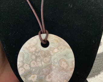 Flower Agate Disc on Leather Cord/ Pink Flower Agate Disc