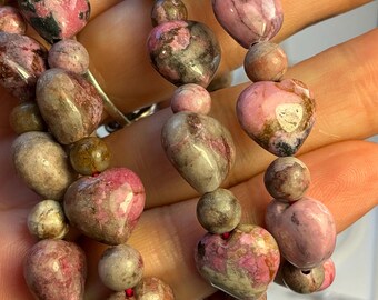 Cobalto Calcite Heart Bracelet, 11–12mm Heart Stones, 6mm Beads, 7” Wrist, Pink Crystal Bracelet, Love Stone Jewelry