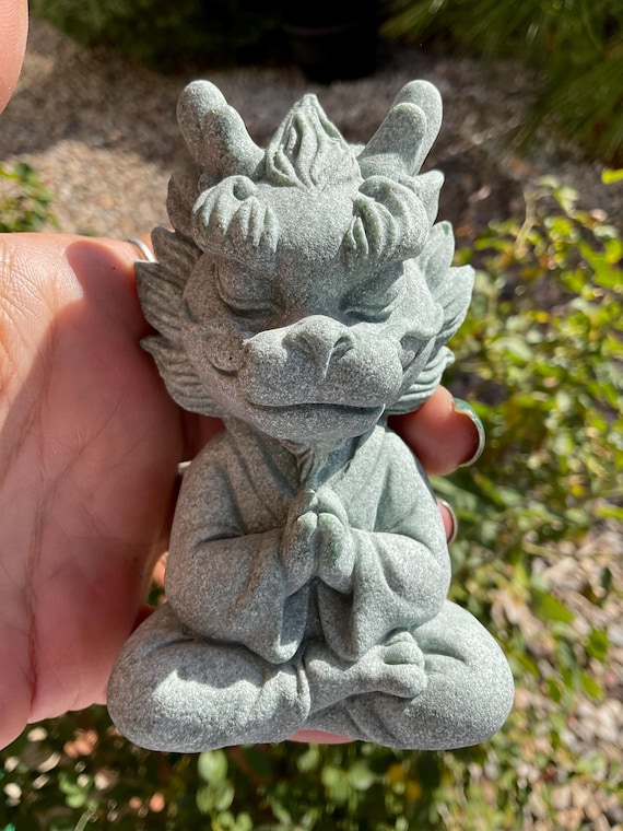 Green Sandstone Praying Dragon Carving: Chinese Crystal Figurine