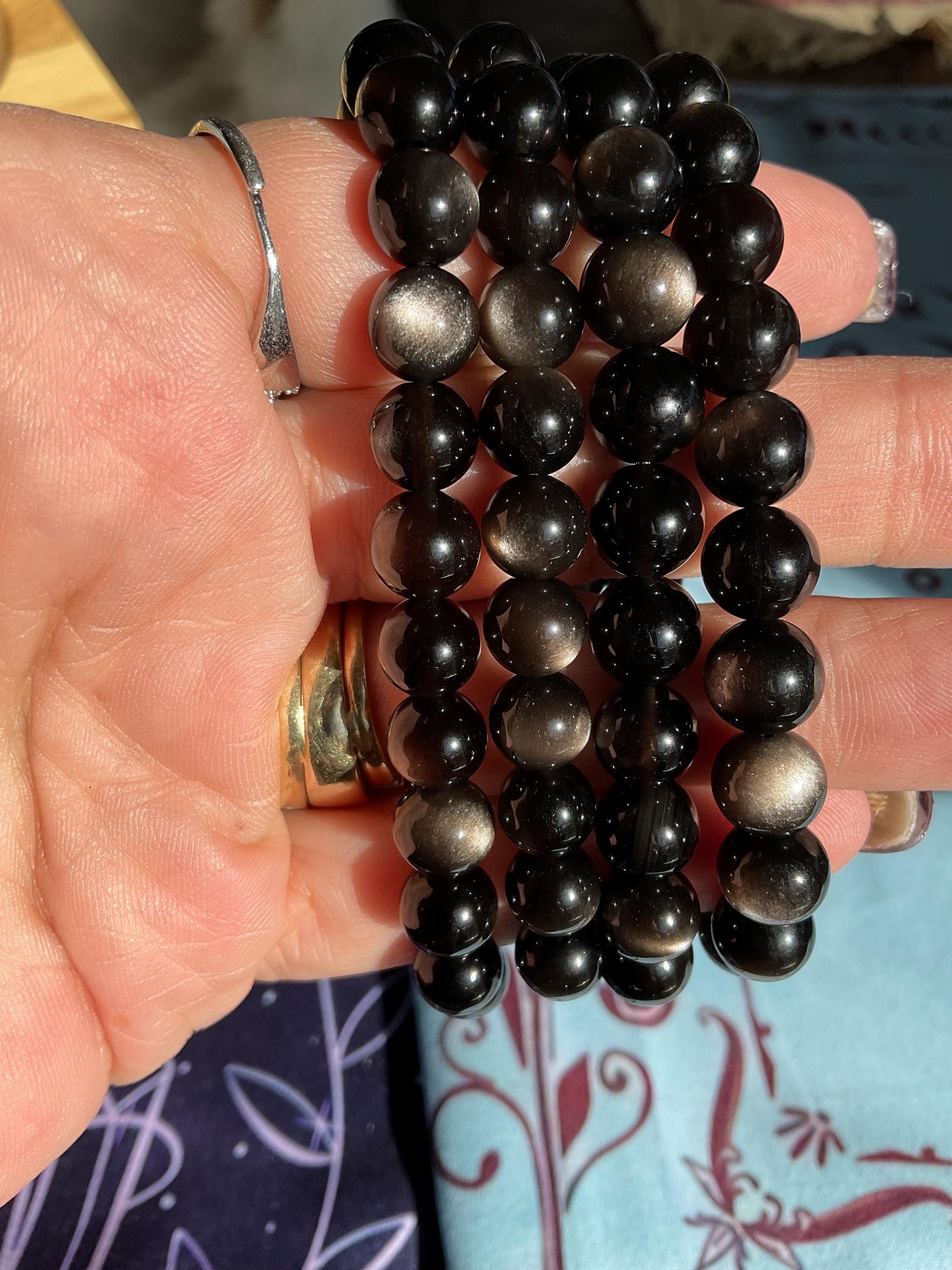 シルバーオブシディアンビーズジェムストーンブレスレット