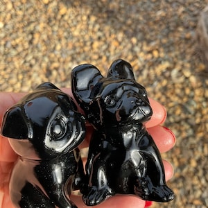 Black Obsidian French Bulldog, Poodle or Pug Dog Animal Carving/Crystal Dog Carving/Animal Crystal Carving