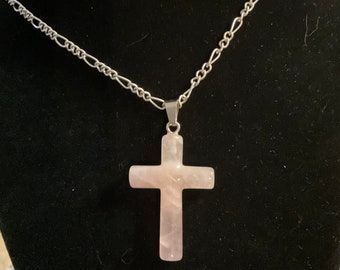 Crystal Cross Pendent on 22” Stainless Steel Chain/ Rose Quartz, Tiger Eye, Moss Agate