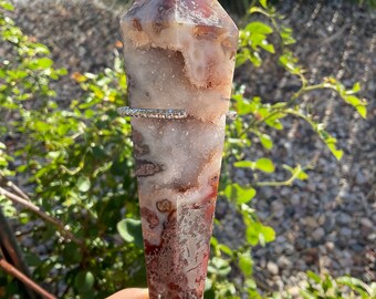 Red Moss Agate Wand Tower with Druzy - Includes Holder