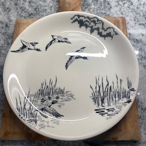 Vintage Ducks In Flight Hand Engraved Pattern Underglaze 9”