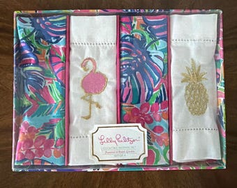 NWT LILLY PULITZER cocktailservetset zeezoutblauw fruitige flamingo set van 4