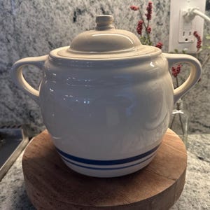 May include: A white ceramic lidded pot with two handles and a blue stripe around the base. The pot sits on a round wooden stand. The lid has a small knob on top. The background includes a granite countertop and a power outlet.
