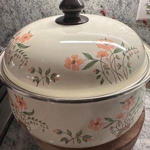 Könnte beinhalten: Cremefarbener Vintage-Kochtopf mit Deckel, verziert mit Pfirsich- und grünen Blumenmustern. Der Topf hat einen dunkelbraunen Knauf und silberne Zierleisten. Er steht auf einem Holzsockel, was auf Retro-Küchenutensilien hindeutet.