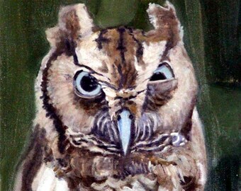 May include: A close-up painting of an owl with brown and white feathers. The owl has bright blue eyes and a sharp beak. The background is a dark green.