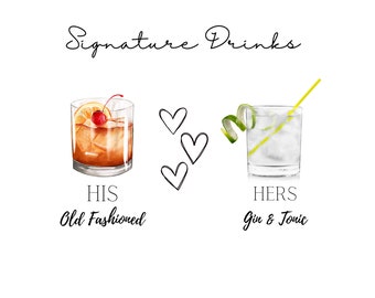 Signature drink print, old fashioned and gin and tonic, digital download