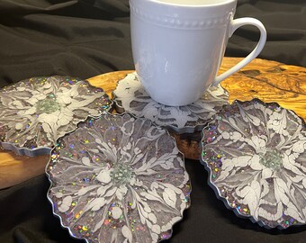 Glitter Resin Flower Coaster Set: Glam Bling Decor