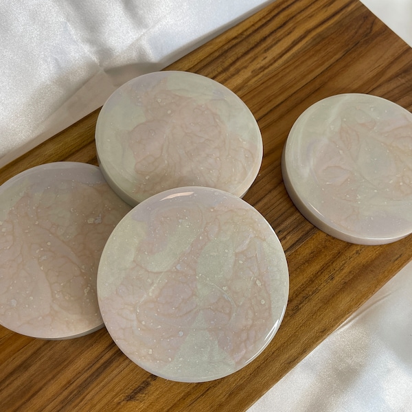 Set of 4 Resin Coasters | Handmade Round Coasters | Marbled Pastel Coasters | Iridescent Coaster Set | Opal Look Coasters | Wedding Gift |