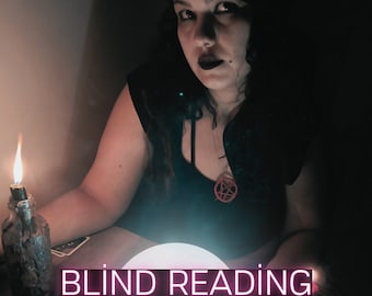 May include: Image of a person in a dark setting with a lit candle in a decorative bottle and a glowing orb. The text "BLIND READING" and "SAME DAY DETAILED READING" are displayed in a neon pink font.
