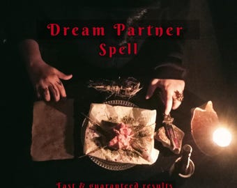 May include: A dark, moody image featuring a ritual setup with the text "Dream Partner Spell" and "Fast & guaranteed results." Various items are arranged on a dark surface, including a plate with food, a candle, and other mystical objects.