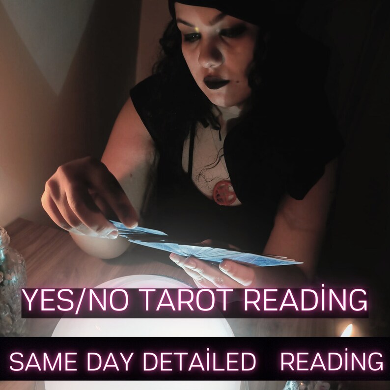 May include: A person holding tarot cards, illuminated by soft light. The image features the text "YES/NO TAROT READING" and "SAME DAY DETAILED READING" in a neon-style font. The scene is set in a dimly lit environment, suggesting a mystical theme.