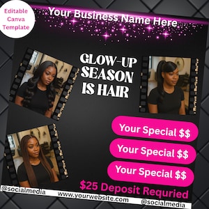 Hairstylist flyer, instagram flyer editable template in canva, canva hair template, editable salon flyer, salon booking flyer, glow up flyer
