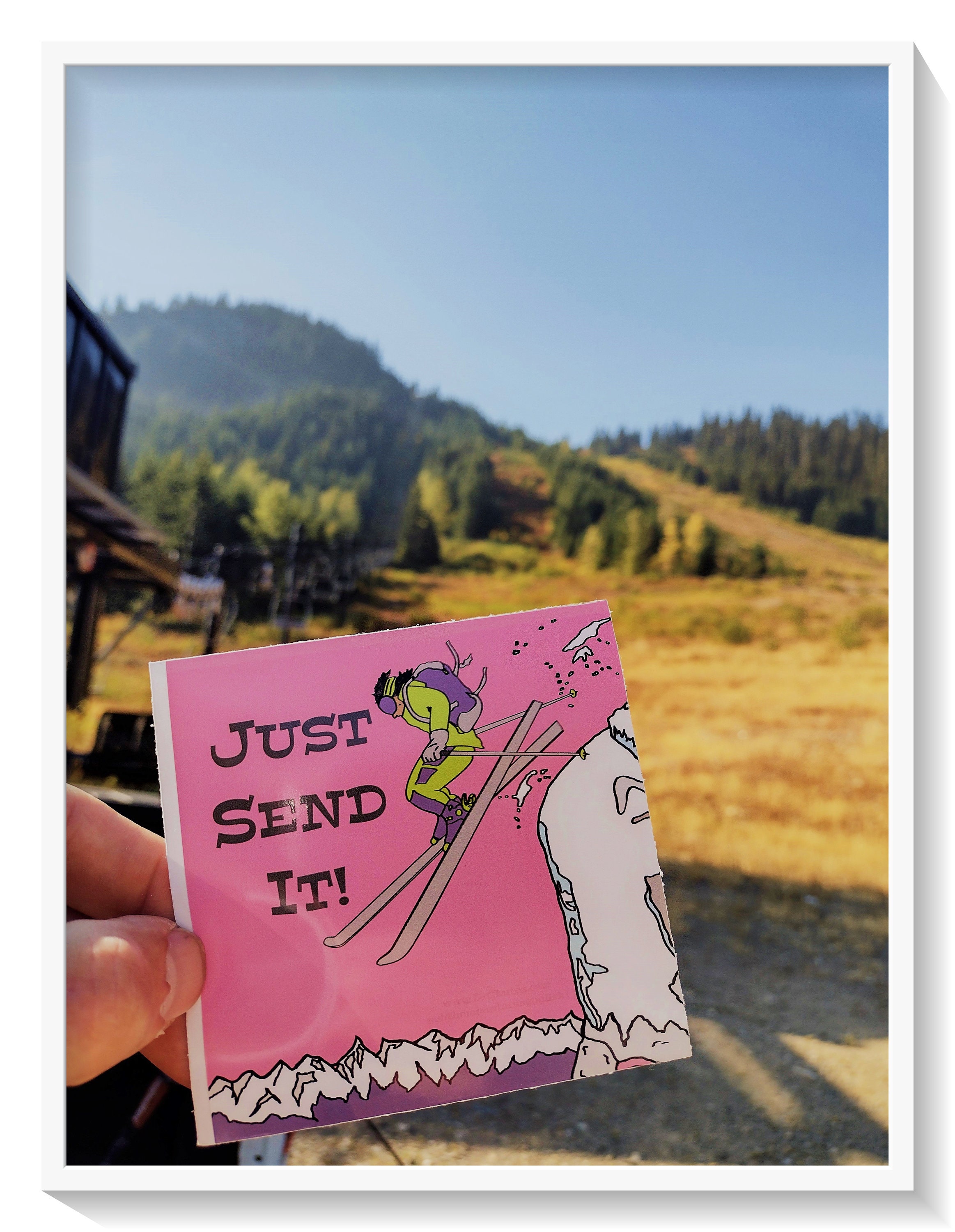 Just Send It Ski Sticker, Skier Jumping Cliff, Pink, Waterproof Outdoor