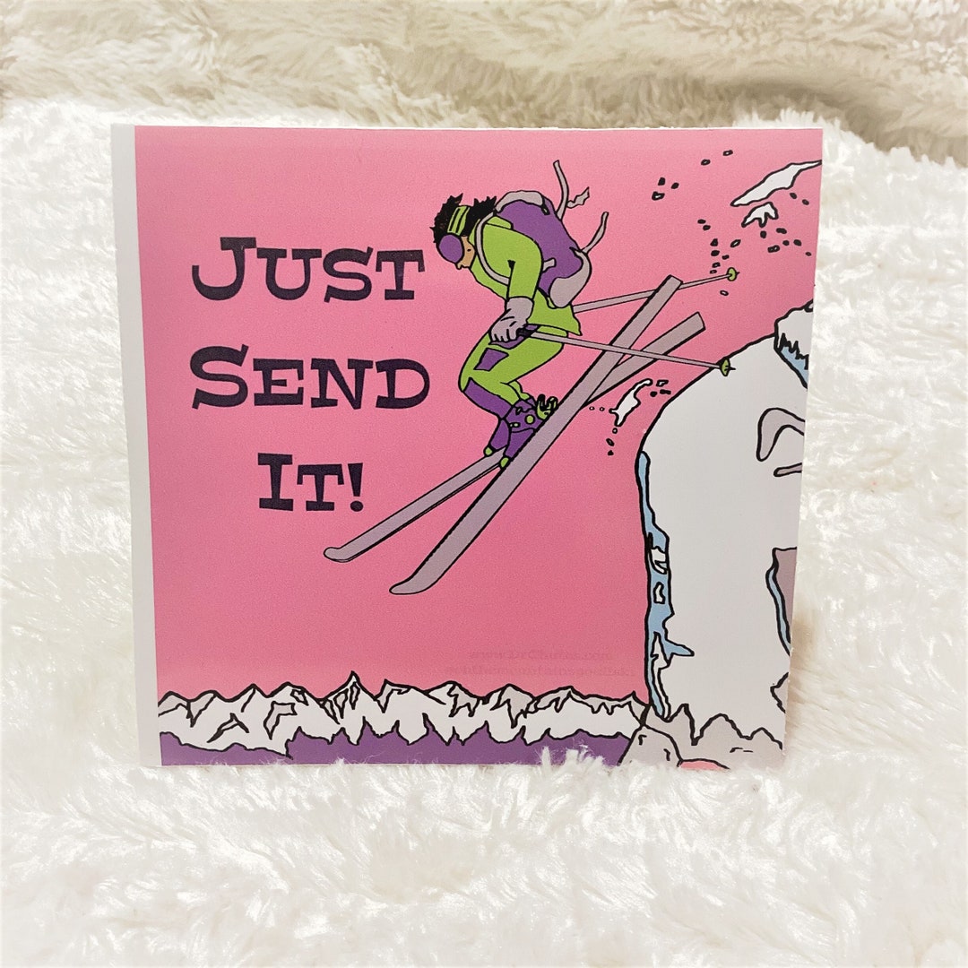 Just Send It Ski Sticker, Skier Jumping Cliff, Pink, Waterproof Outdoor