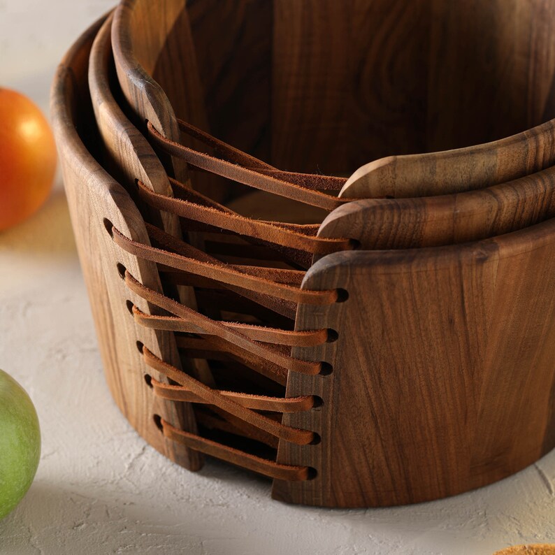 Walnut Wooden Bowl Handmade Leather Laced Wood Bowl Wooden Etsy