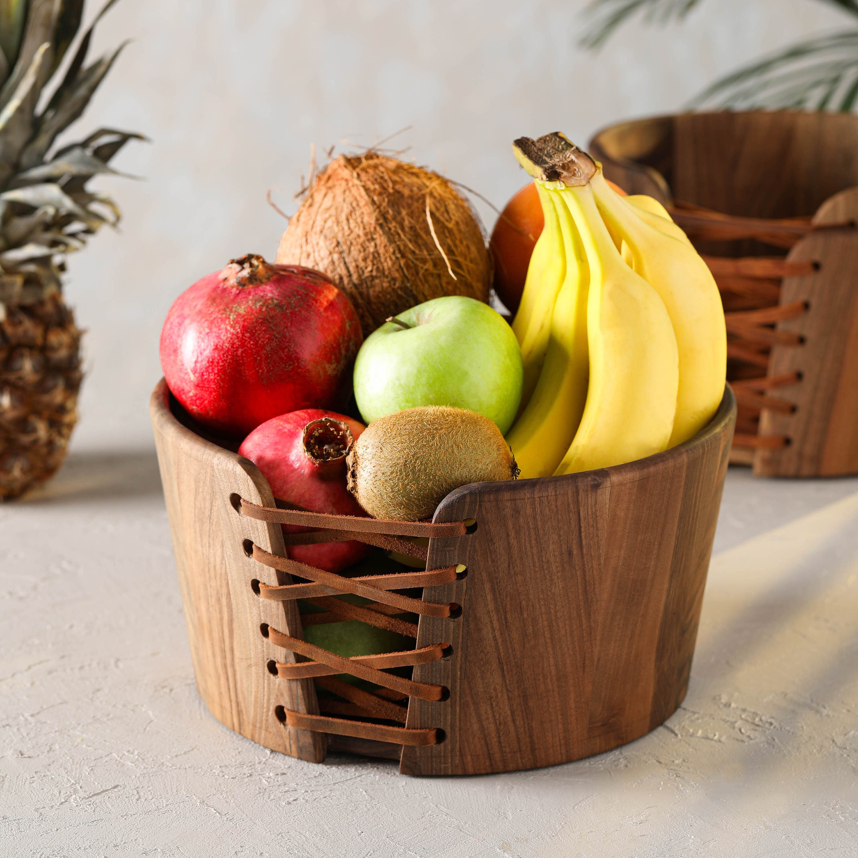 Walnut Wooden Bowl Handmade Leather Laced Wood Bowl Wooden Etsy