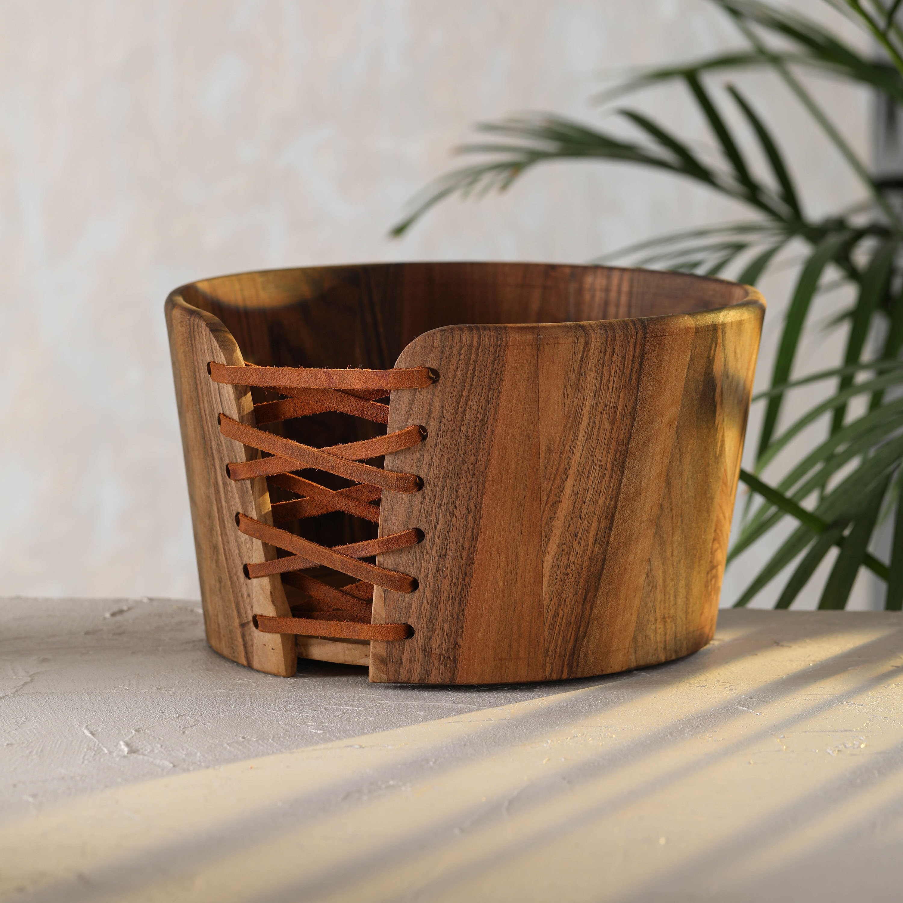 Walnut Wooden Bowl Handmade Leather Laced Wood Bowl Wooden Etsy