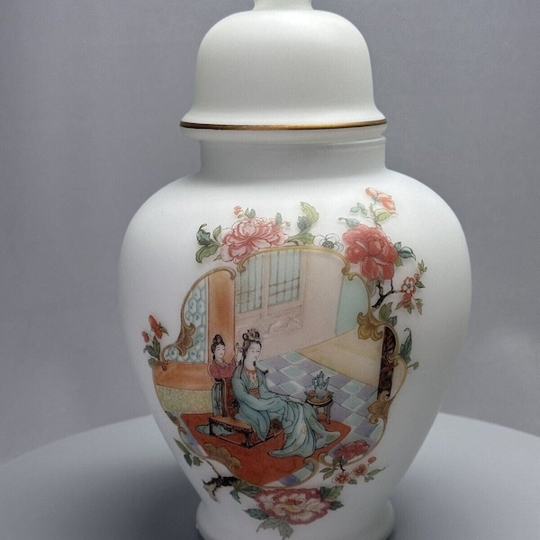 Vintage Frosted White Satin Glass Hand Painted Chinese Oriental Ginger Jar