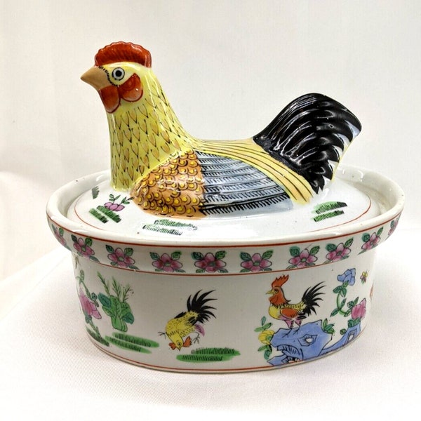 Vintage Chinese Hand painted porcelain rooster chicken tureen