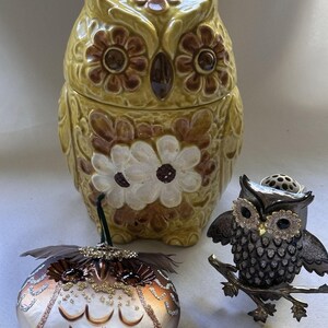 May include: A collection of owl-themed decorative items. Includes a large, yellow ceramic owl-shaped jar with floral accents, a silver and crystal owl figurine perched on a branch, and a round, glass ornament with an owl face design and feather accents.