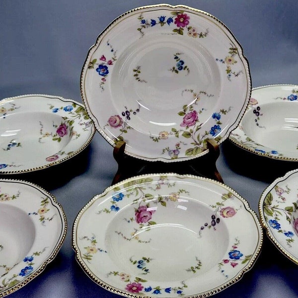 Set of 6 Vintage Castleton China Sunnyvale 7 7/8" Rim Soup Bowls Gold Trim USA