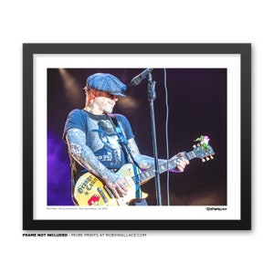 May include: A framed print featuring a musician playing a gold electric guitar on stage. The guitar has a yellow body with a red and yellow design. The musician wears a blue cap, a black t-shirt, and has tattoos on their arms.
