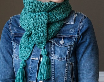 Teal Skinny Triangle Scarf // Textured Scarf // Long Scarf with Tassels // Ready to Ship // Knit, Crochet, Handmade