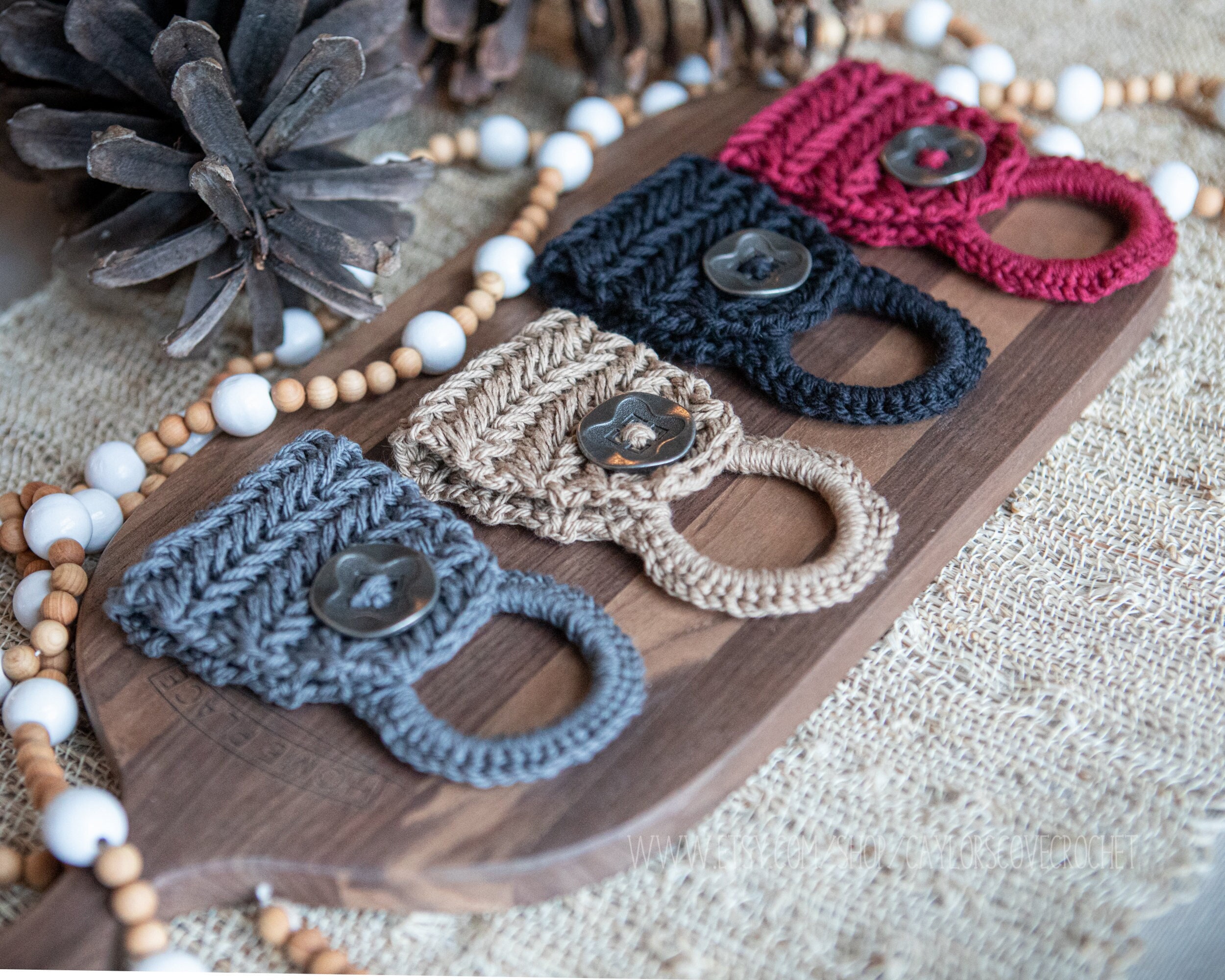 Hand-Knitted Kitchen Towel Holder with Wooden Rings