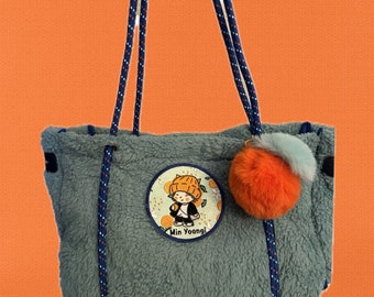 Suga Min yoongi BTS blue fuzzy shoulder bag with plushy tangerine  - BTS AgustD light blue plushy bag with hand drawn embroidered patch