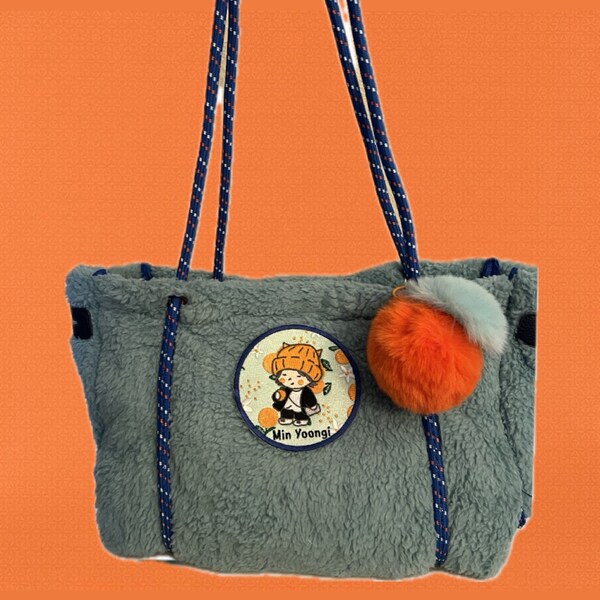 Suga Min yoongi BTS blue fuzzy shoulder bag with plushy tangerine  - BTS AgustD light blue plushy bag with hand drawn embroidered patch