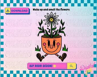 May include: A cheerful orange flower pot with a smiling face and legs, holding a white daisy with a yellow smiley face. The text "Wake up and smell the flowers" is above the pot. The background is a blue and white checkered pattern.