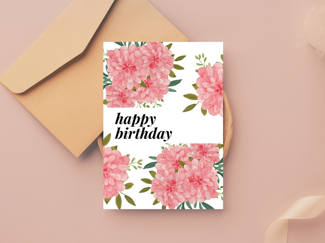 Printable Instant Download Floral Happy Birthday Card Pink Flowers ...