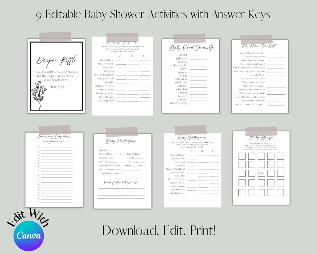 9 Editable Baby Shower Activities With Answer Keys, Baby Shower Games
