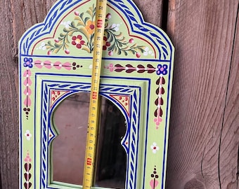 Hand-Painted Moroccan Mirror | Green Floral Frame, Bohemian Wall Decor