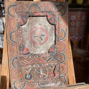 Vintage Berber Door: Antique Moroccan Carved Wood Artwork (32cm x 65cm)